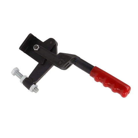 Built Tough Toggle Clamp in Carbon Steel, Heavy Duty 1543 lb Capacity with 180 Degree Bar Rotation, red handle close-up
