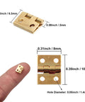 Close-up of brass miniature hinge, 0.39 x 0.31 in, part of Miniature Brass Hinges Set With 20 Pieces 1 x 0.8 Cm Folding Butt Hinges Plus 80 Replacement Nails.