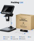 4.3 Inch LCD Digital Microscope For Adults With 50X To 1000X Zoom, 8 Adjustable LED Lights shown with packing list and accessories