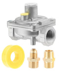 Front view of TEENGSE 1/2-inch natural gas pressure regulator with brass 1/2" NPT adapters and yellow gasket