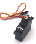 Beat The Clock Analog Servo Coreless Micro Servo Kit Featuring Double Ball Bearing Rock Solid Torque And Lightning Fast Response For Rc Cars Boats Robots And Planes Black in front view with orange wire.