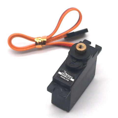Beat The Clock Analog Servo Coreless Micro Servo Kit Featuring Double Ball Bearing Rock Solid Torque And Lightning Fast Response For Rc Cars Boats Robots And Planes Black in front view with orange wire.