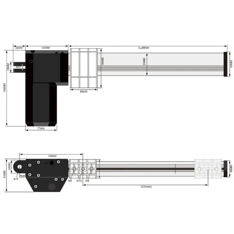 Diagram of Beefy Heavy Duty Linear Actuator For Industrial Automation with 450mm stroke, 6000N push force, sliding table guide screw.