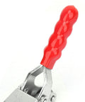 Red rubber handle of the Knockout Slick Stainless Steel Push Pull Toggle Clamp With Quick Release Handle for easy grip.