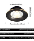 Top Shelf 15 Piece Set Of Sleek Black Brass Led Recessed Ceiling Lights Offering Flawless 3000K To 6000K Color Shifts For Easy Remodel Projects With Zero Glare Smooth Trim And Rock Solid Brushed Metal Housing, showing a brushed brass recessed light with a 100mm diameter.