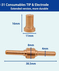PT-31 consumables kit with 16mm x 11mm electrode and 38.5mm x 8mm tip for plasma cutter consumables kit 80 piece set for PT31 torch.