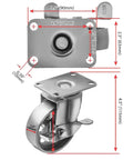 Beefy Heavy Duty Steel Swivel Plate Caster Wheels With Brake Lock, top view showing measurements and wheel design.