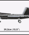 Side view of Armed Forces Lockheed F 22 Raptor 1 To 48 Scale Model Kit With 695 High Quality Elements In Black And White, dimensions shown