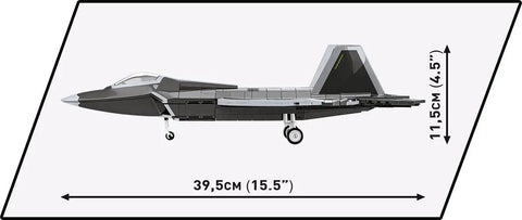 Side view of Armed Forces Lockheed F 22 Raptor 1 To 48 Scale Model Kit With 695 High Quality Elements In Black And White, dimensions shown