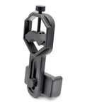 Universal Smartphone Telescope And Microscope Adapter Mount for IPhone Samsung HTC LG fits 55-85mm phones, black plastic stand view.