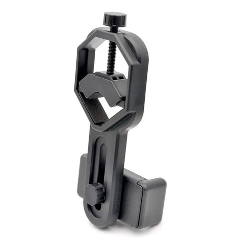 Universal Smartphone Telescope And Microscope Adapter Mount for IPhone Samsung HTC LG fits 55-85mm phones, black plastic stand view.