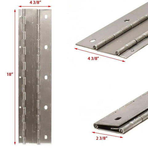 Heavy Duty Dual Piano Hinge For Marine Boats And Trailers 18 Inch 13 Gauge Aluminum Silver with dimensions shown.