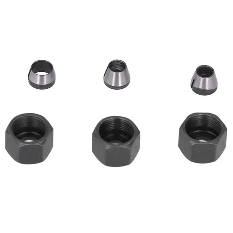 Six Pack 1/4 to 1/8 Collet Adapters for CNC Lathe, Router, and Milling Cutters shown with screws and nuts