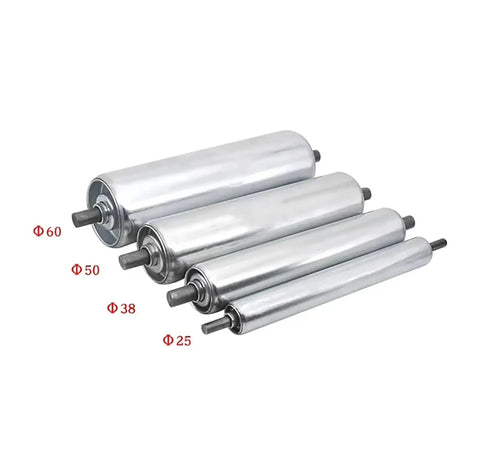 Heavy Duty Galvanized Gravity Roller For Industrial Assembly Line Conveyors With Rust Proof Finish Available In Multiple Sizes And Diameters To Match Your Factory Setup Perfectly, showing 4 steel rollers with different diameters.