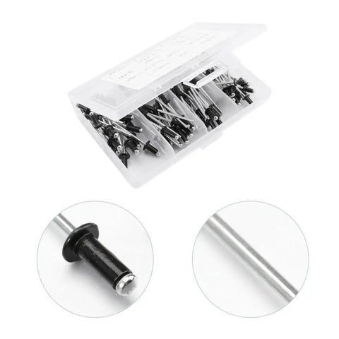 Aluminum Blind Rivet Kit With Burr Free Pull Rods, 120 Piece Assortment In Black Aluminum Finish For Heavy Duty Furniture And Car Projects, Includes M2.4 M3.2 M4 Sizes And Smooth Surface, Works With Pneumatic Electric And Manual Rivet Tools