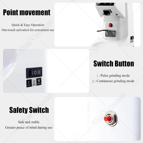 Premium 200 Watt Electric Flat Burr Coffee Grinder With 19 Adjustable Grinding Settings For Espresso Pour Over And Cold Brew Dope Flavor Extraction In A Sleek Black Housing Frame Ready To Roll control panel showing point movement and safety switch.