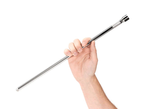 Three Eighths Inch Drive 18 Inch Socket Extension With Knurled Grip For Fingertip Start, Chrome Plated, held in hand