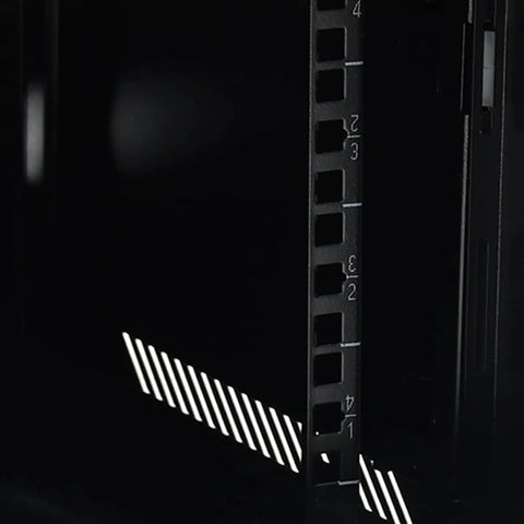 Inside view of Slick 6U Wall Mount Server Rack Cabinet With Lockable Steel Door and removable panels, showing mounting slots.