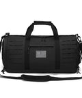 40L Military Tactical Duffle Bag For Men With Shoe Compartment, black, with shoulder strap and American flag patch on the front.