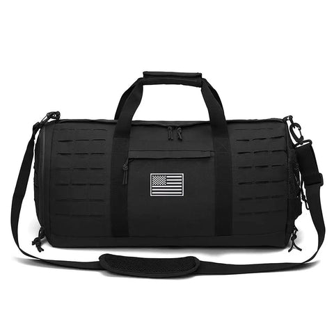 40L Military Tactical Duffle Bag For Men With Shoe Compartment, black, with shoulder strap and American flag patch on the front.