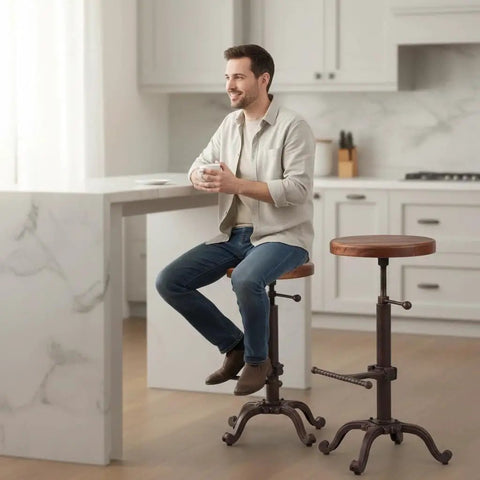 Man sitting on Industrial Retro Farm Tractor Stool Swivel Height Adjustable Bar Stool For Kitchen Counter Copper Finish Cast Iron Frame