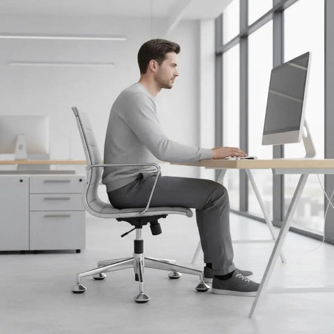 Man using an office chair with 5 Pack 2 Inch Bell Glides For Office Chair Low Profile Caster Replacement for stability.