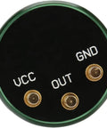 Back view of Rotatable Hall Effect Sensor with VCC, OUT, and GND connectors for 360 degree angle readout and 12 bit resolution.