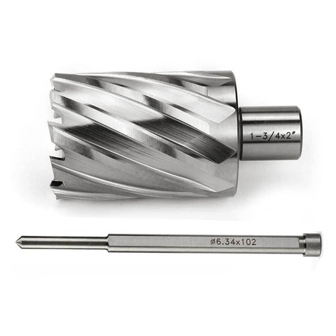 Oscarbide HSS annular cutter, 1-3/4 in diameter, 2 in DOC, with 3/4 in Weldon shank and pilot-pin mag drill bit