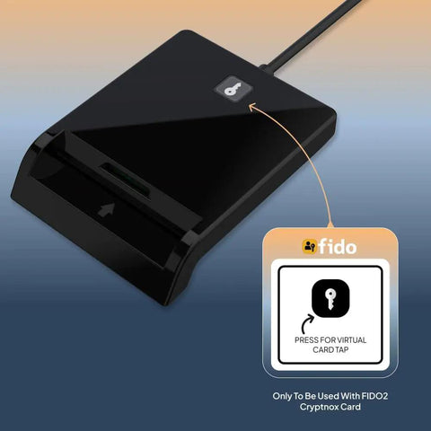 CAC Card Reader Plug And Play For USB C And USB A With Smart Card Security DOD Military Grade CCID ISO7816 Compatible Works On Windows Mac Linux RoHS And CE Certified showing FIDO2 Cryptnox Card compatibility