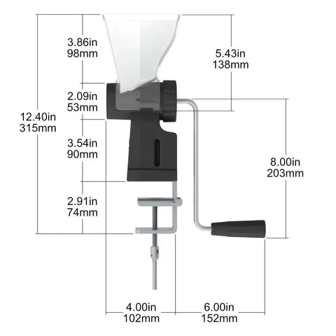 Side view of Hand Crank Grain Mill With Stainless Steel Burrs For Multi Grain Grinding Wheat Rice Oats Barley Rye Peppercorns And Spices Adjustable Coarseness From Cracked Grain To Fine Flour Durable Manual Wheat Flour Grinder For Fresh Baked Goods At Home with dimensions