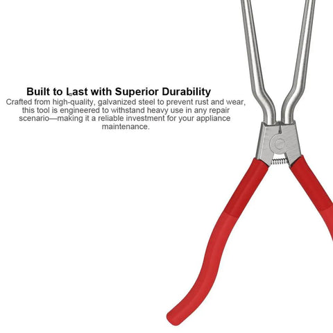 Upgraded Beefed Up Washer Spring Expansion Tool with adjustable jaw and built-in spring, red rubber handles, front view