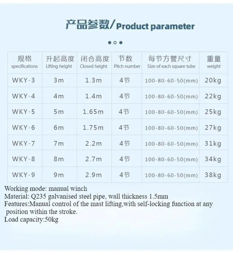 Heavy Duty Portable Hand Lift Telescopic Pole Mast With Slick Electric Hydraulic Pump And Straight Up Easy Manual Winch Backup For No Sweat Outdoor Jobs Up To Four Meters Tall specifications table listing dimensions, weight, and features.