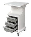 Tough As Nails Mobile Trolley Cart, Smooth Rollin Abs Rolling Storage Caddy With Deep Drawers And Quiet Casters in white with three grey drawers.