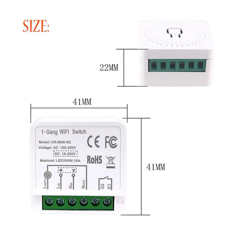 Mini WiFi Relay Smart Light Switch Module dimensions and ports, 41mm x 22mm size, for DIY install, compatible with Alexa and Google Home