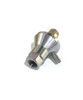 Stainless steel waterjet cutter head body spare part with threaded female inlet and side protrusion.