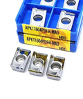 Front view of blue plastic case containing 10 APKT milling inserts (APKT1135/1003/1604), silver metal.