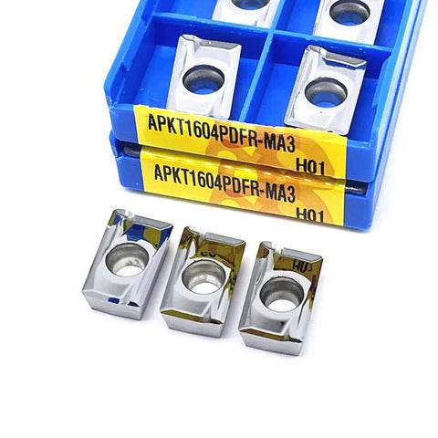 Front view of blue plastic case containing 10 APKT milling inserts (APKT1135/1003/1604), silver metal.