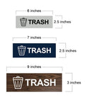 Basic Trash Sign Brushed Silver Small For Walls Or Doors, Durable Plastic With Clear Text, showing dimensions 6x2.5 inches