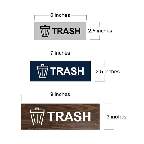 Basic Trash Sign Brushed Silver Small For Walls Or Doors, Durable Plastic With Clear Text, showing dimensions 6x2.5 inches