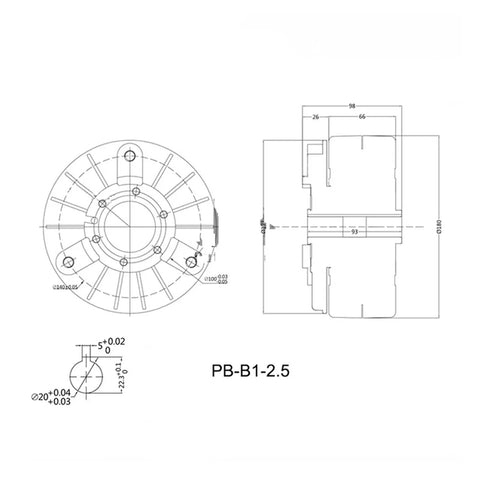 Technical drawing of 2.5Kg External Rotating DC24V Magnetic Powder Brake PB2.5B1 with dimensions