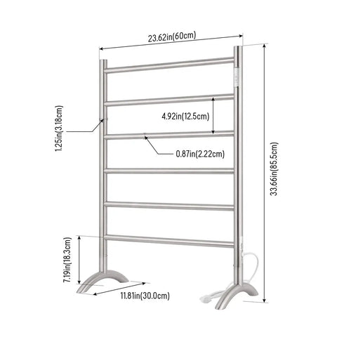 Freestanding 6 Bar Towel Warmer With Plug-In Option, 3 Modes, Brushed Stainless Steel, 24 In Wide By 34 In High dimensions