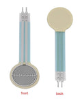 Front and back views of a 0.5-inch diameter round force sensing resistor (FSR) with long blue tails