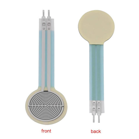 Front and back views of a 0.5-inch diameter round force sensing resistor (FSR) with long blue tails