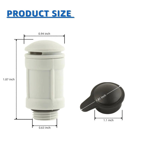 Air Jet Valve And Cap Replacement For Above Ground Pool Inlet OEM Part 12363 12373 with dimensions labeled for size.
