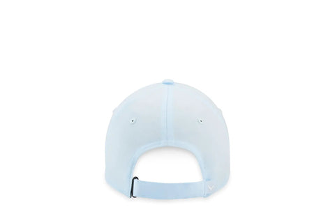Back view of light blue baseball cap with adjustable strap