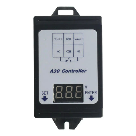 Rock Solid Dc Voltage Monitor Module With Crisp Led Display And Dependable Relay Controller For Straight Up Over Undervoltage Protection And Slick Quick Hookup mounted on a black casing.