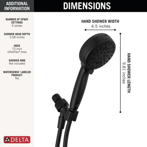 Dimensions of the ProClean Matte Black Shower Head With Handheld, High Pressure Spray, 6 Spray Settings shown with measurements.