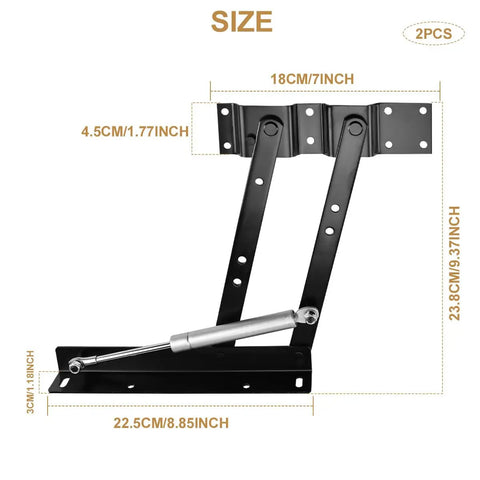 Built Tough Pneumatic Coffee Table Lift Mechanism Kit With Heavy Hitter Steel Brackets dimensions and details in black steel.