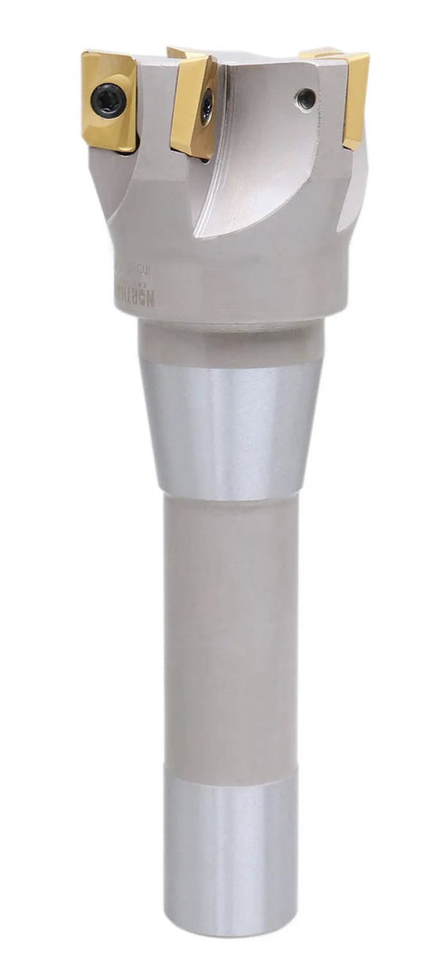 Accusize 2in indexable end mill with 90° R8 shank; silver body, five APKT1604 carbide inserts, 6-1/8in OAL.