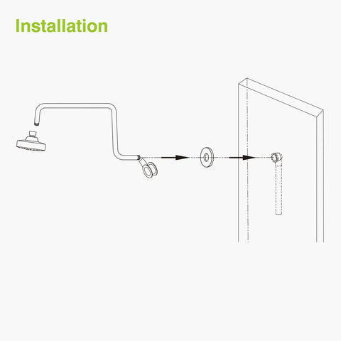 Installation diagram for Offset Brass S Style Shower Arm Extension With 1/2 NPT Connection, Brushed Nickel Finish